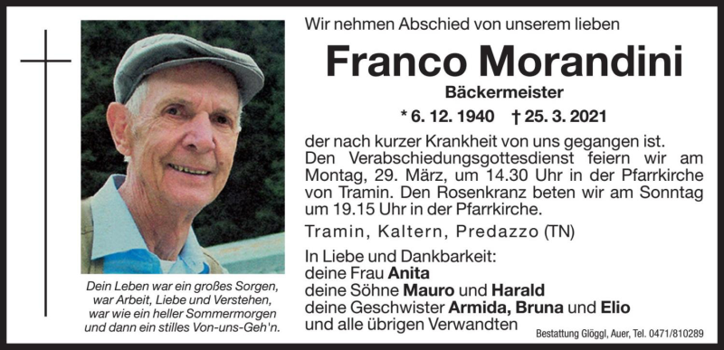  Traueranzeige für Franco Morandini vom 27.03.2021 aus Dolomiten