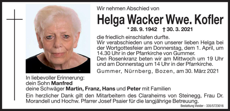  Traueranzeige für Helga Kofler vom 31.03.2021 aus Dolomiten