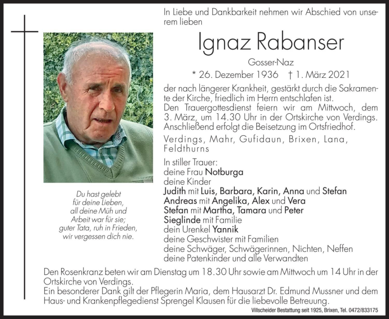  Traueranzeige für Ignaz Rabanser vom 02.03.2021 aus Dolomiten