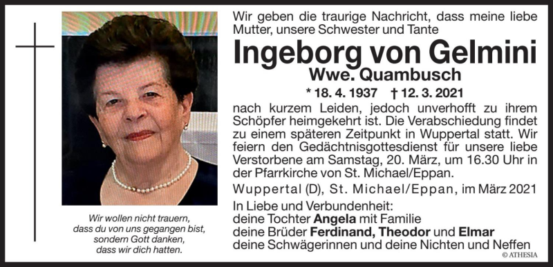  Traueranzeige für Ingeborg Quambusch vom 17.03.2021 aus Dolomiten