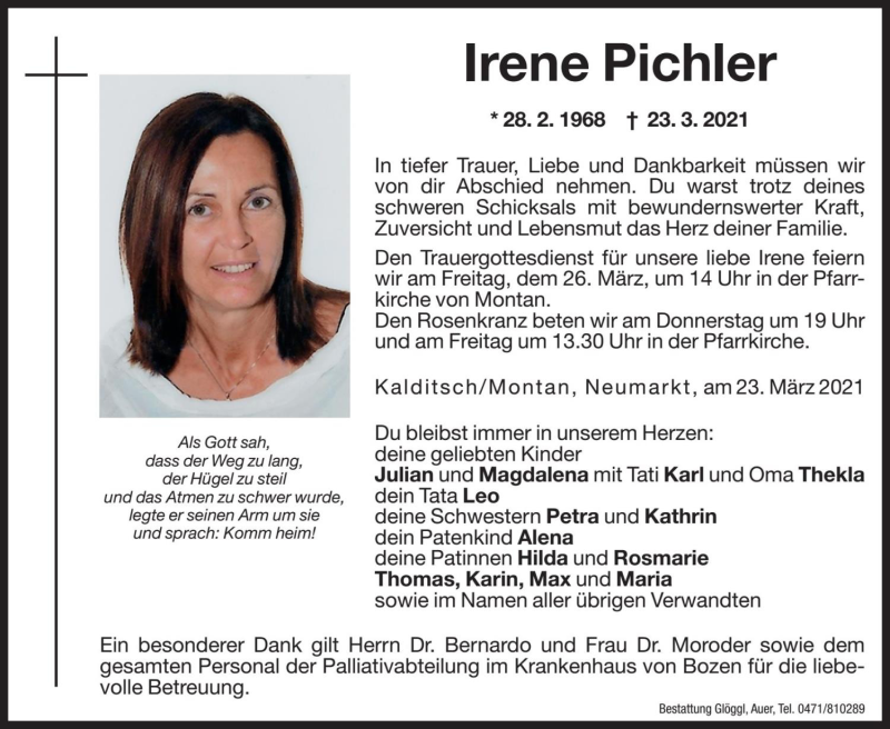  Traueranzeige für Irene Pichler vom 25.03.2021 aus Dolomiten