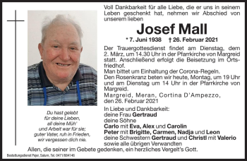 Traueranzeige von Josef Mall von Dolomiten