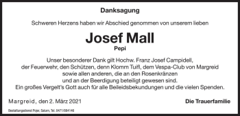 Traueranzeige von Josef Mall von Dolomiten