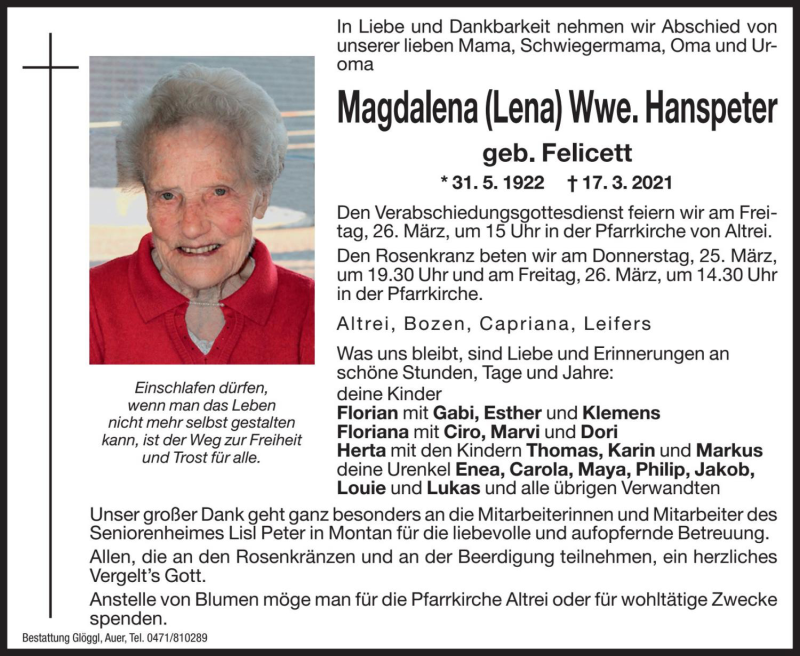  Traueranzeige für Magdalena Hanspeter vom 19.03.2021 aus Dolomiten