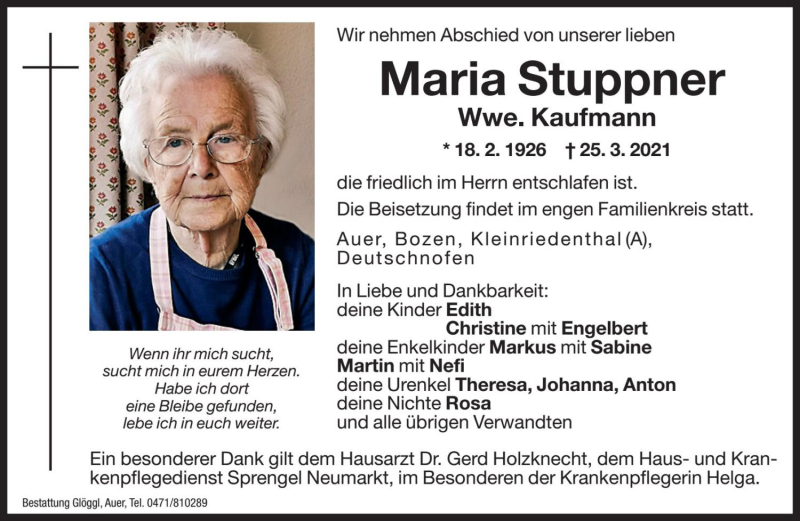  Traueranzeige für Maria Kaufmann vom 26.03.2021 aus Dolomiten