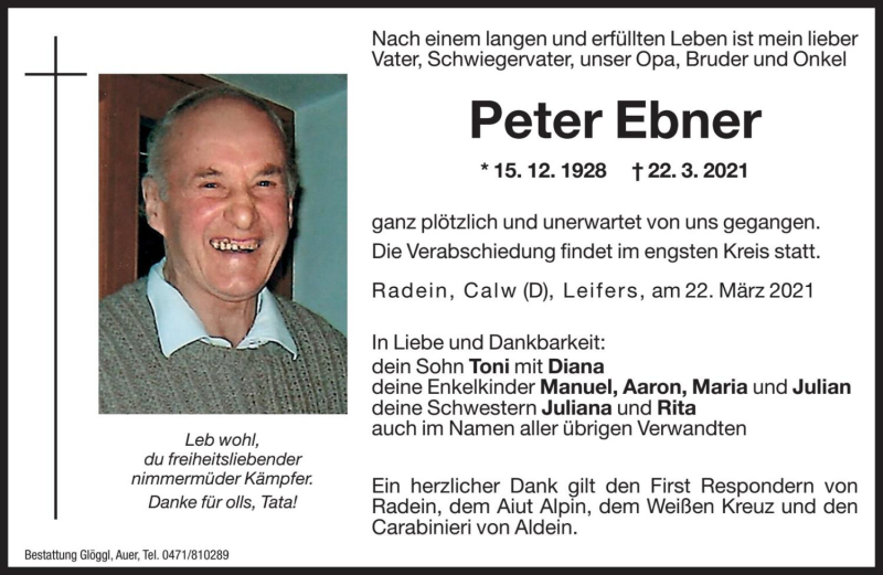  Traueranzeige für Peter Ebner vom 23.03.2021 aus Dolomiten