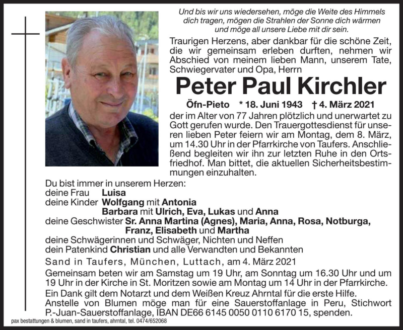  Traueranzeige für Peter Paul Kirchler vom 06.03.2021 aus Dolomiten