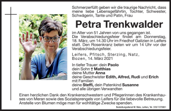 Traueranzeige von Petra Trenkwalder von Dolomiten