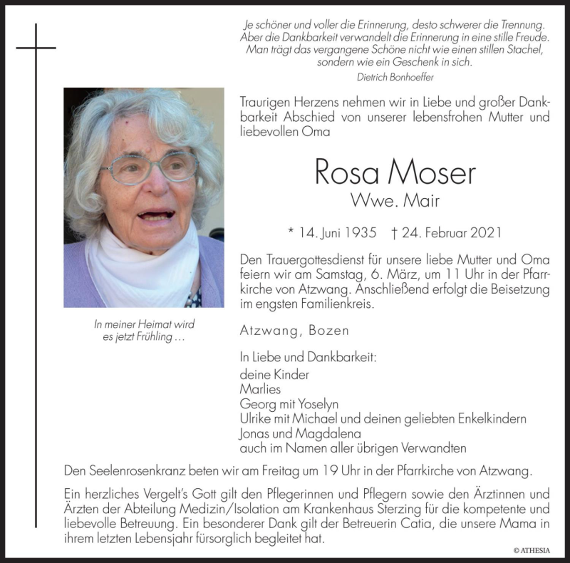  Traueranzeige für Rosa Mair vom 03.03.2021 aus Dolomiten