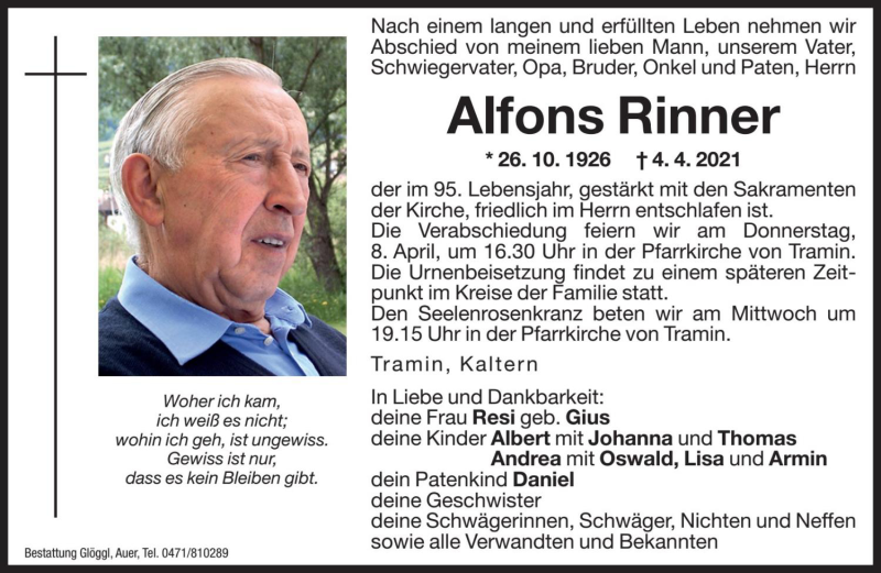  Traueranzeige für Alfons Rinner vom 06.04.2021 aus Dolomiten