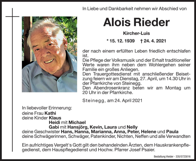  Traueranzeige für Alois Rieder vom 26.04.2021 aus Dolomiten