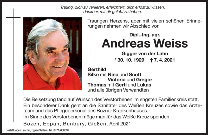  Traueranzeige für Andreas Weiss vom 17.04.2021 aus Dolomiten