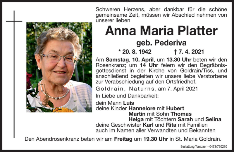  Traueranzeige für Anna Maria Platter vom 09.04.2021 aus Dolomiten