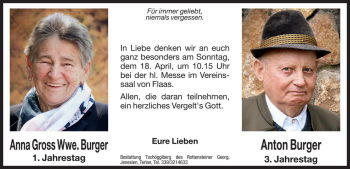 Traueranzeige von Anton Burger von Dolomiten