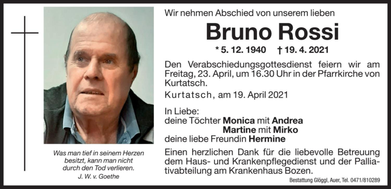  Traueranzeige für Bruno Rossi vom 21.04.2021 aus Dolomiten