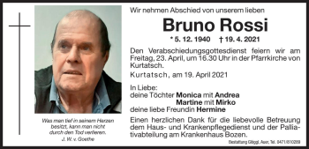 Traueranzeige von Bruno Rossi von Dolomiten