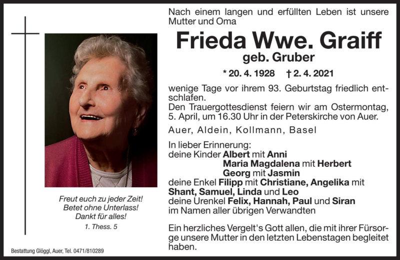  Traueranzeige für Frieda Graiff vom 03.04.2021 aus Dolomiten