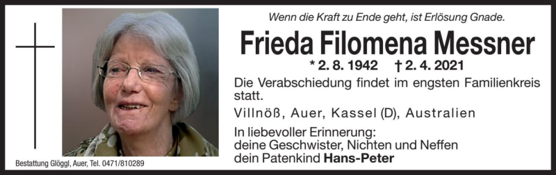  Traueranzeige für Frieda Filomena Messner vom 07.04.2021 aus Dolomiten