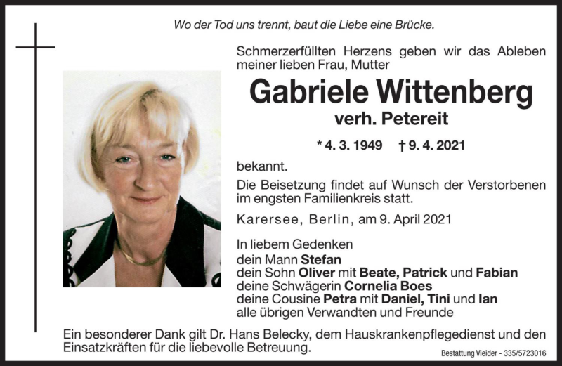  Traueranzeige für Gabriele Petereit vom 12.04.2021 aus Dolomiten