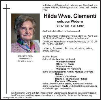 Traueranzeige von Hilda Clementi von Dolomiten