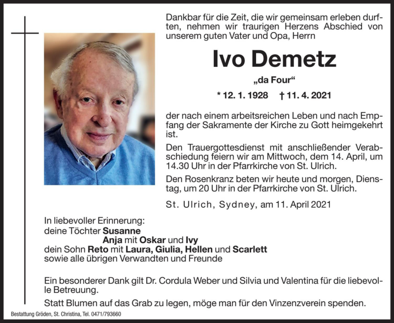  Traueranzeige für Ivo Demetz vom 12.04.2021 aus Dolomiten