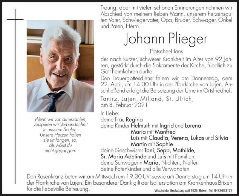  Traueranzeige für Johann Plieger vom 20.04.2021 aus Dolomiten