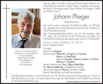Traueranzeige von Johann Plieger von Dolomiten
