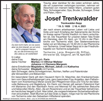 Traueranzeige von Josef Trenkwalder von Dolomiten