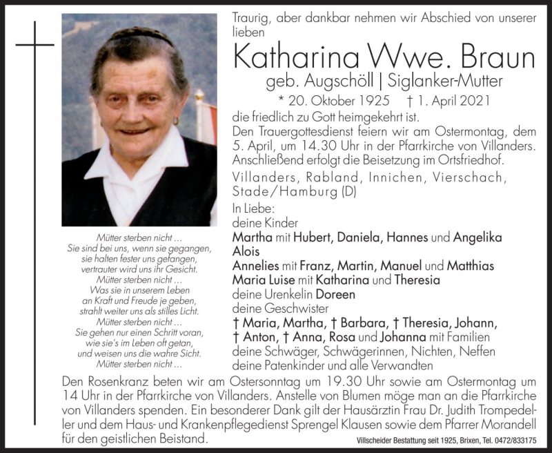  Traueranzeige für Katharina Braun vom 02.04.2021 aus Dolomiten