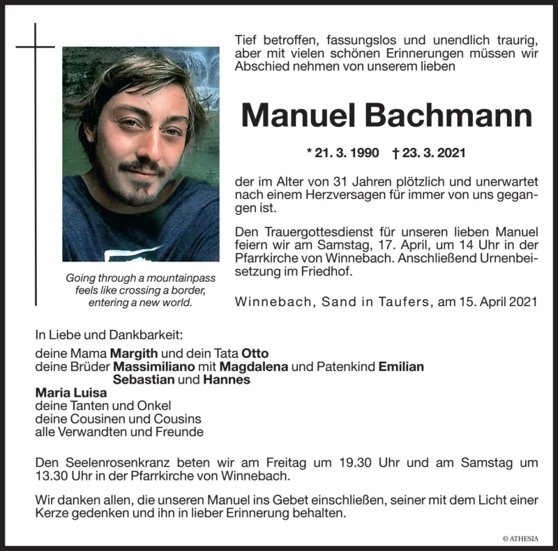  Traueranzeige für Manuel Bachmann vom 16.04.2021 aus Dolomiten