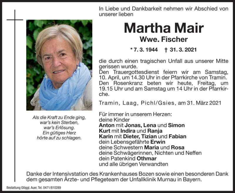  Traueranzeige für Martha Fischer vom 09.04.2021 aus Dolomiten