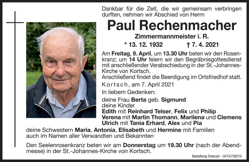  Traueranzeige für Paul Rechenmacher vom 08.04.2021 aus Dolomiten