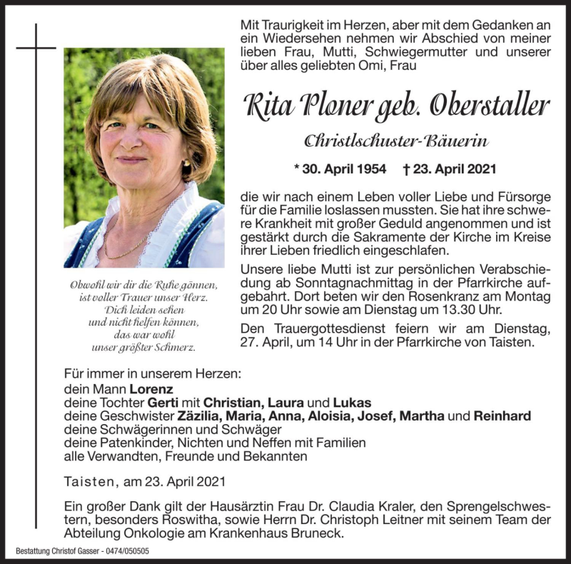  Traueranzeige für Rita Ploner vom 26.04.2021 aus Dolomiten