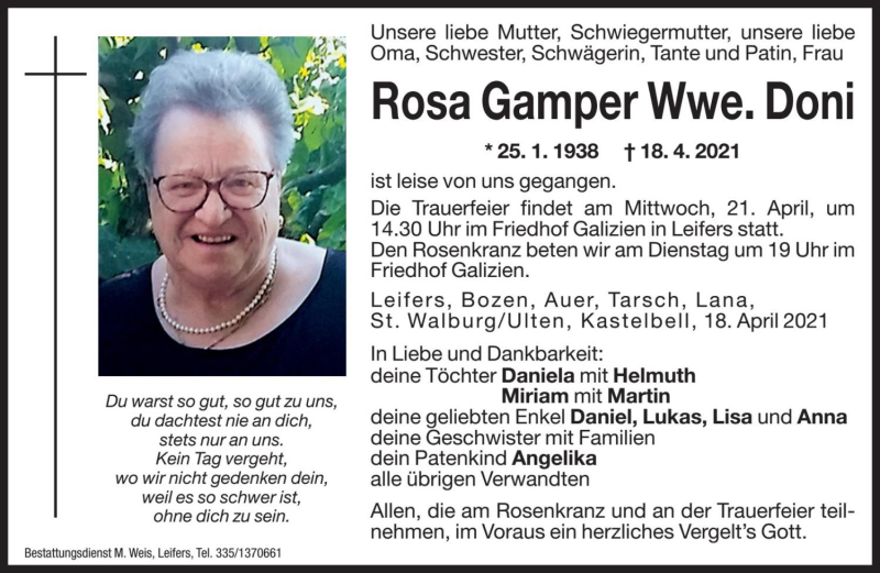  Traueranzeige für Rosa Doni vom 19.04.2021 aus Dolomiten