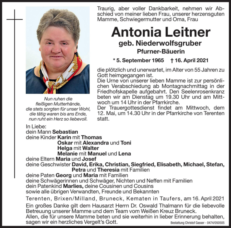  Traueranzeige für Antonia Leitner vom 10.05.2021 aus Dolomiten