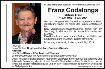 Traueranzeige von Franz Codalonga von Dolomiten