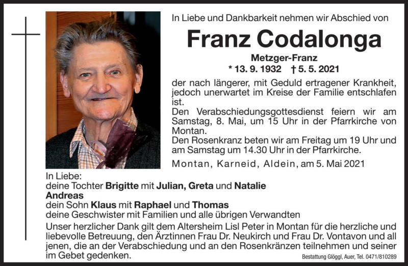  Traueranzeige für Franz Codalonga vom 07.05.2021 aus Dolomiten
