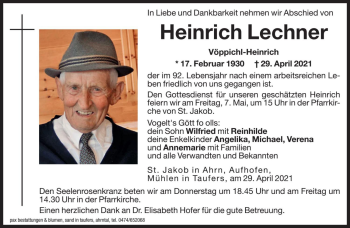 Traueranzeige von Heinrich Lechner von Dolomiten