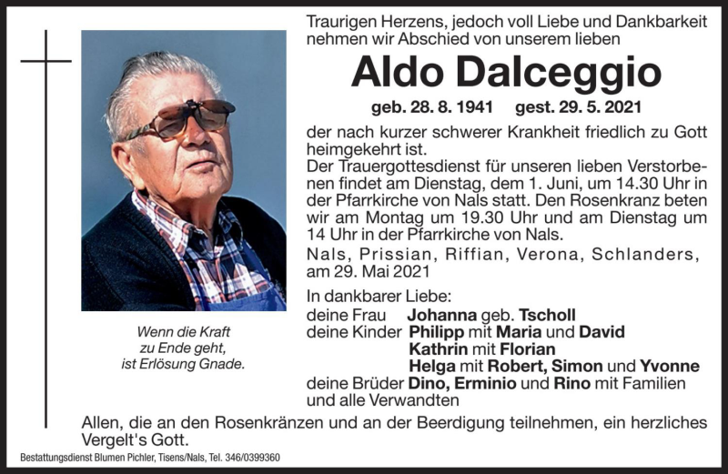  Traueranzeige für Aldo Dalceggio vom 31.05.2021 aus Dolomiten