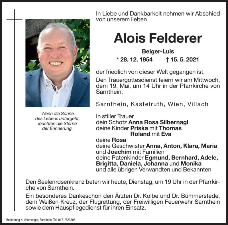  Traueranzeige für Alois Felderer vom 18.05.2021 aus Dolomiten