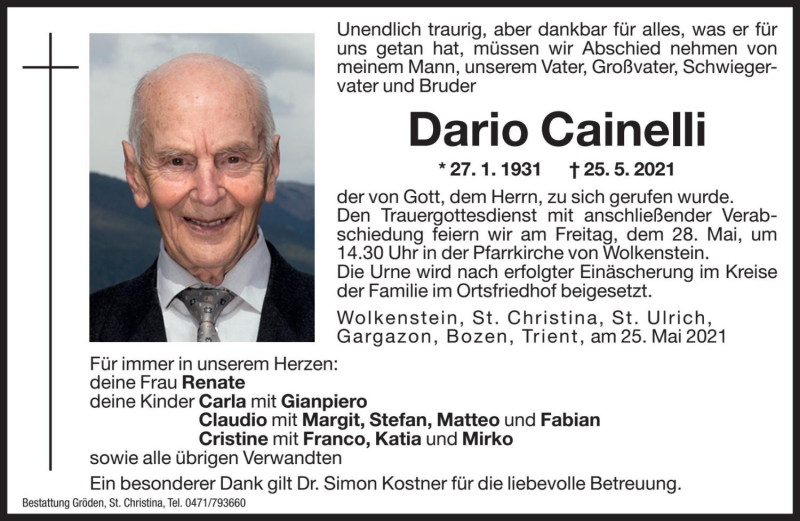  Traueranzeige für Dario Cainelli vom 27.05.2021 aus Dolomiten