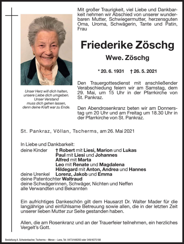  Traueranzeige für Friederike Zöschg vom 27.05.2021 aus Dolomiten