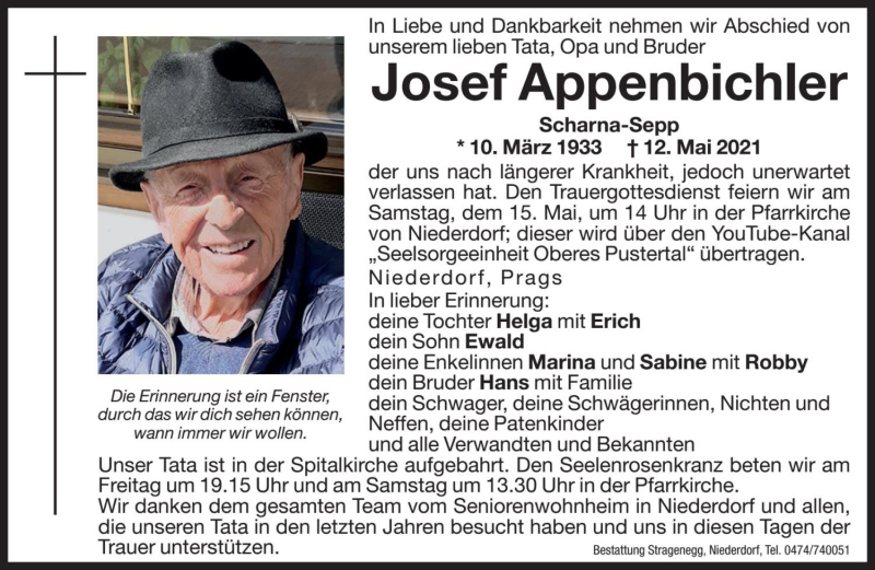  Traueranzeige für Josef Appenbichler vom 14.05.2021 aus Dolomiten
