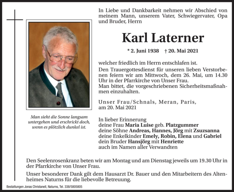  Traueranzeige für Karl Laterner vom 22.05.2021 aus Dolomiten