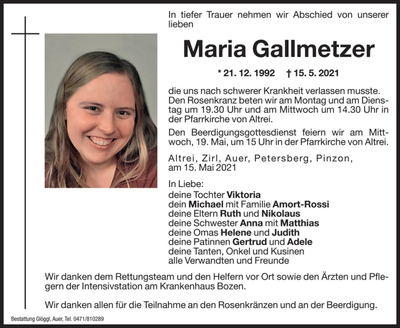  Traueranzeige für Maria Gallmetzer vom 17.05.2021 aus Dolomiten