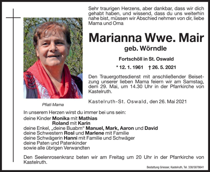  Traueranzeige für Marianna Mair vom 28.05.2021 aus Dolomiten