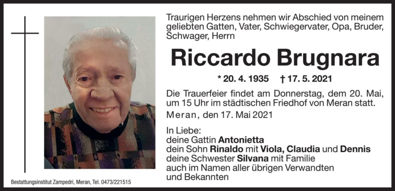  Traueranzeige für Riccardo Brugnara vom 19.05.2021 aus Dolomiten
