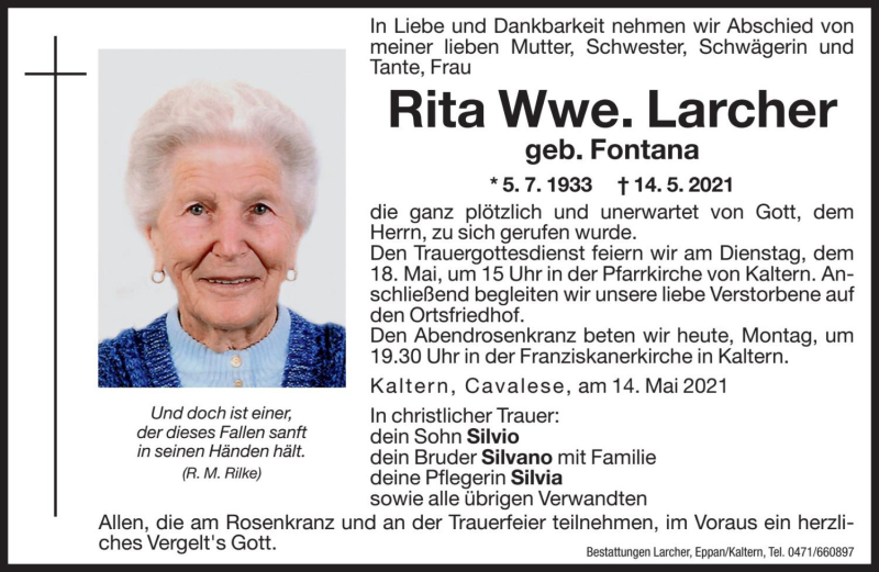  Traueranzeige für Rita Larcher vom 17.05.2021 aus Dolomiten