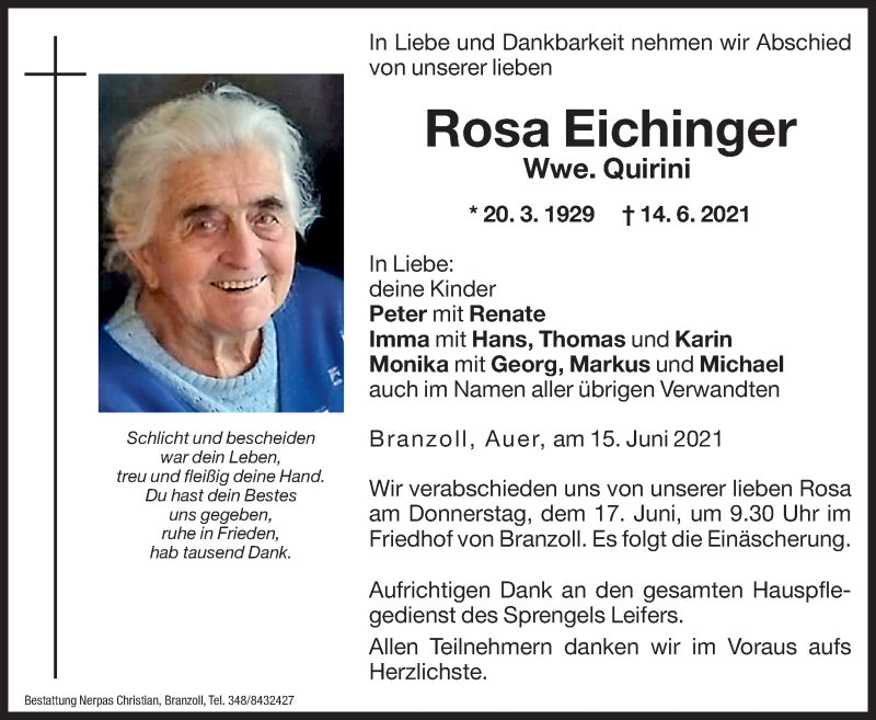  Traueranzeige für Rosa Quirini vom 15.06.2021 aus Dolomiten