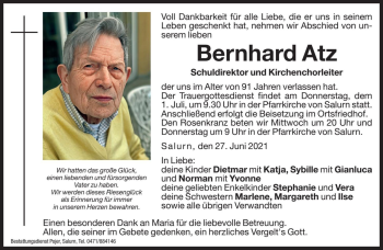 Traueranzeige von Bernhard Atz von Dolomiten